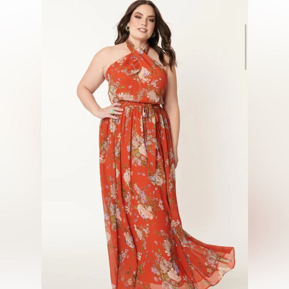 Unique Vintage Orange Halter Maxi Sundress - Picture 1 of 1